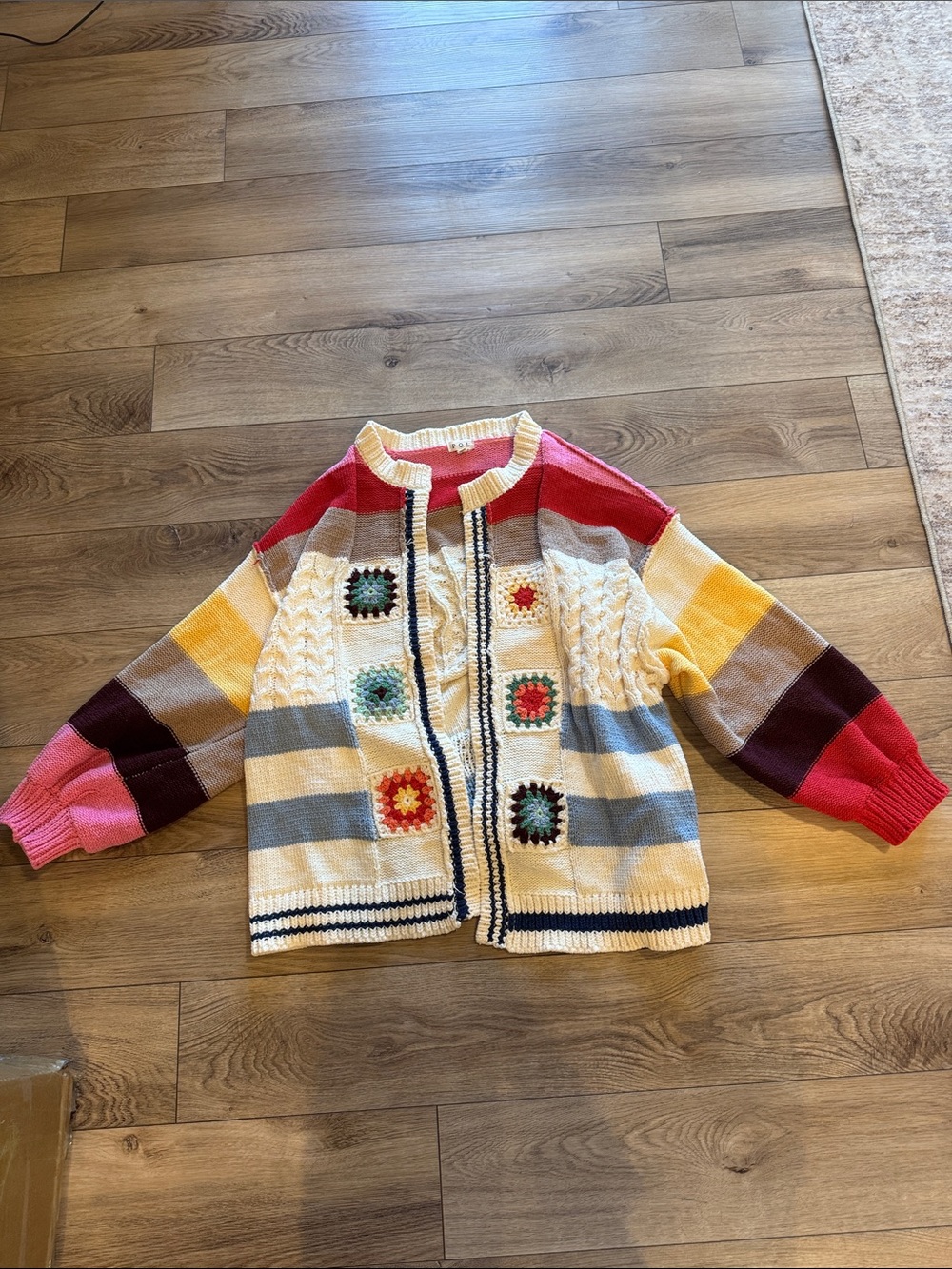 Colorblock Crochet Square Knit Cardigan Jacket - Cream Multi - Picture 1 of 2